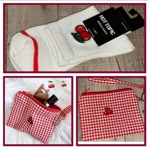 Hot Topic Cotton Cherry Red Plaid Pouch & Socks with Cherry appliqué